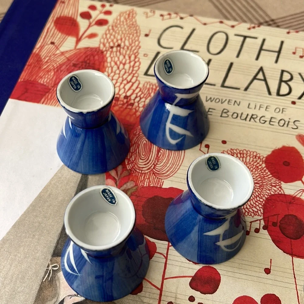 Set of 4 Japanese Porcelain Sake Cups Blue White Japan Calligraphy Motif